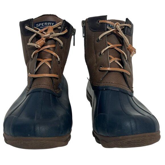 SPERRY Women’s Waterproof Rubber Boot Size 7.5 CHELSEA Rain Bootie Navy Brown - Picture 9 of 10